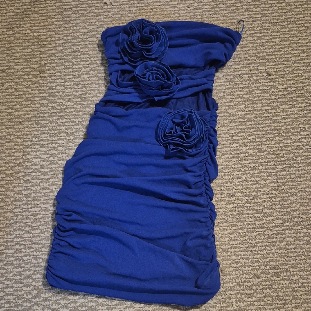 Zara Strapless Dress in Royal Blue with Rosette Accents